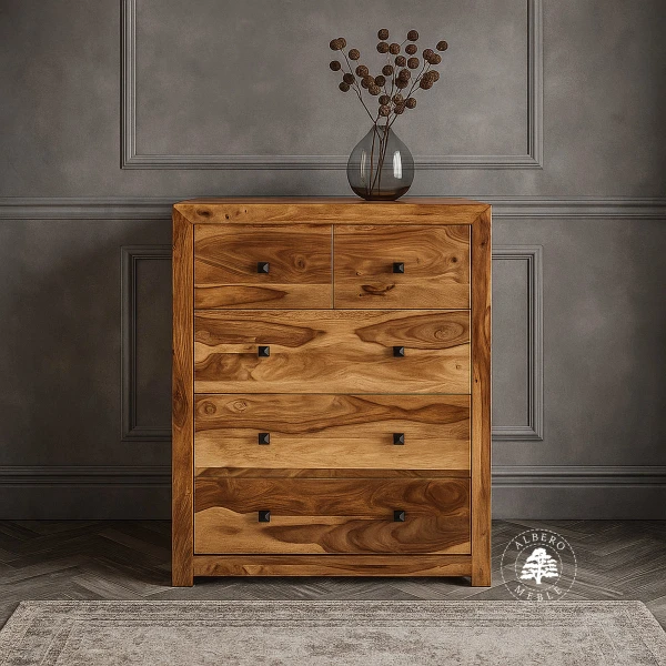 Wysoka komoda z drewna z pięcioma szufladami