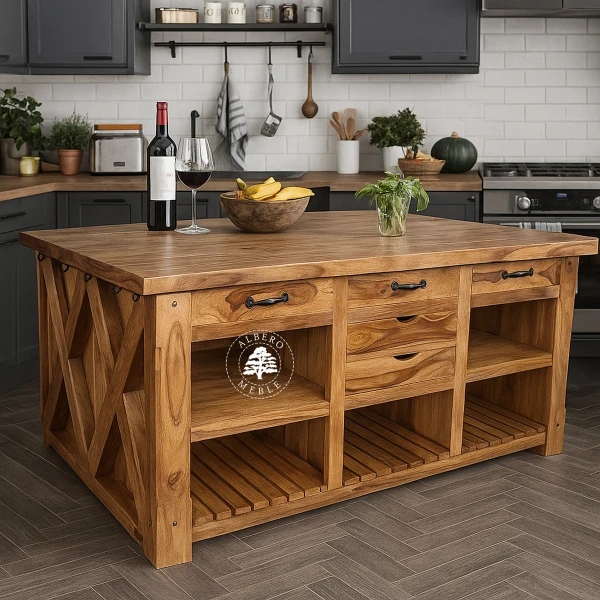 Duża wolnostojąca wyspa kuchenna z drewna litego