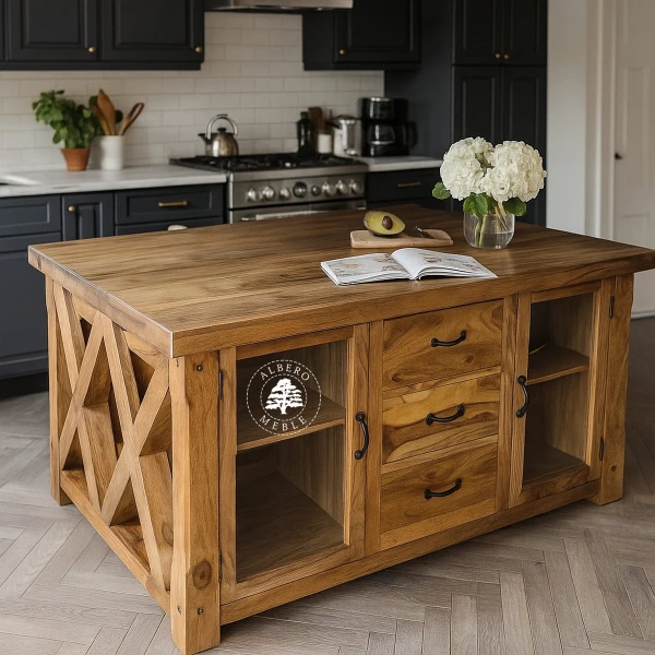 Duża wolnostojąca wyspa kuchenna z drewna litego