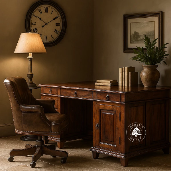 Stylowe duże biurko do gabinetu wykonane z drewna litego pa