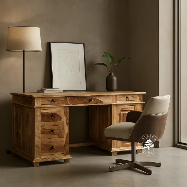 Stylowe duże biurko do gabinetu wykonane z drewna litego pa