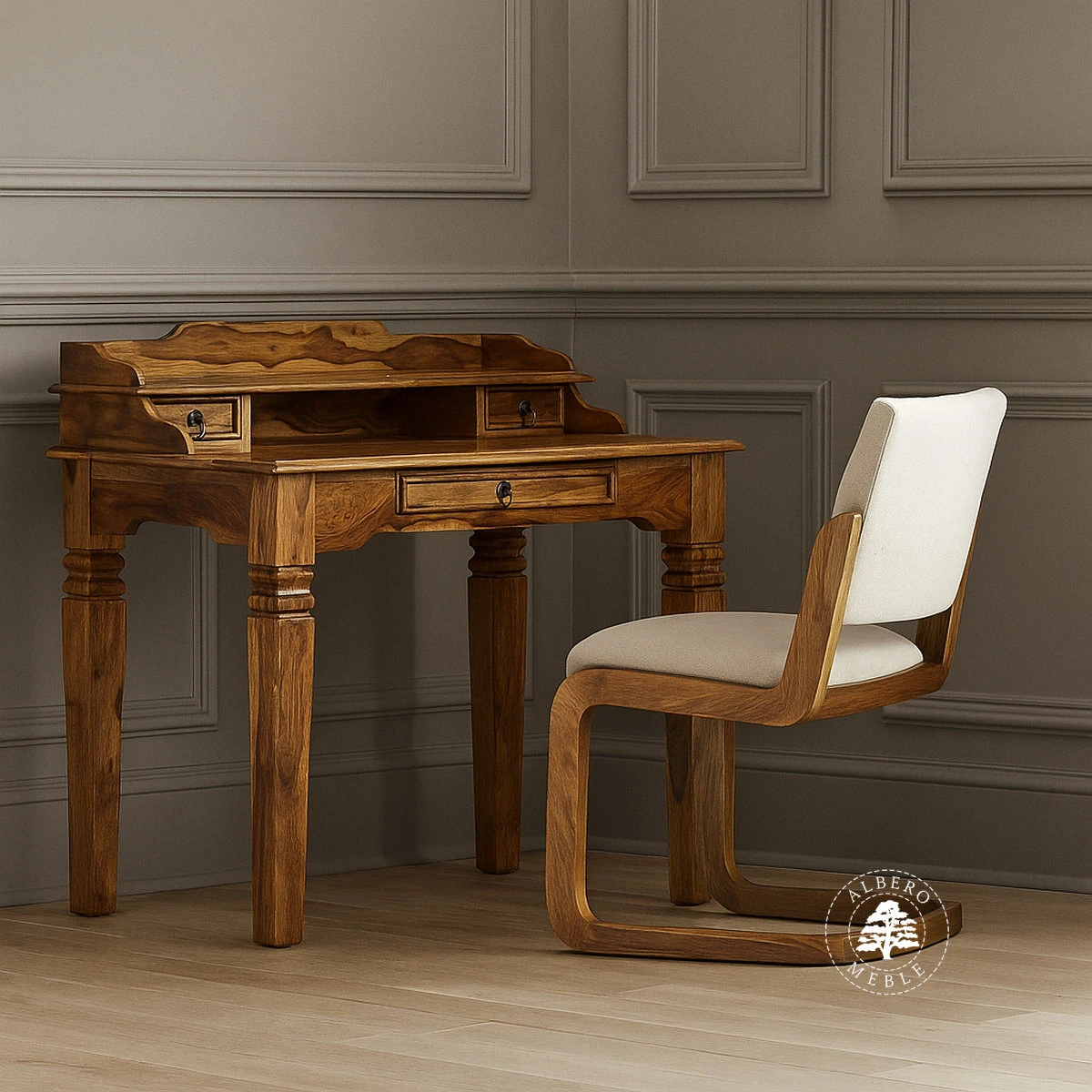 Stylowy sekretarzyk z drewna litego palisander indyjski