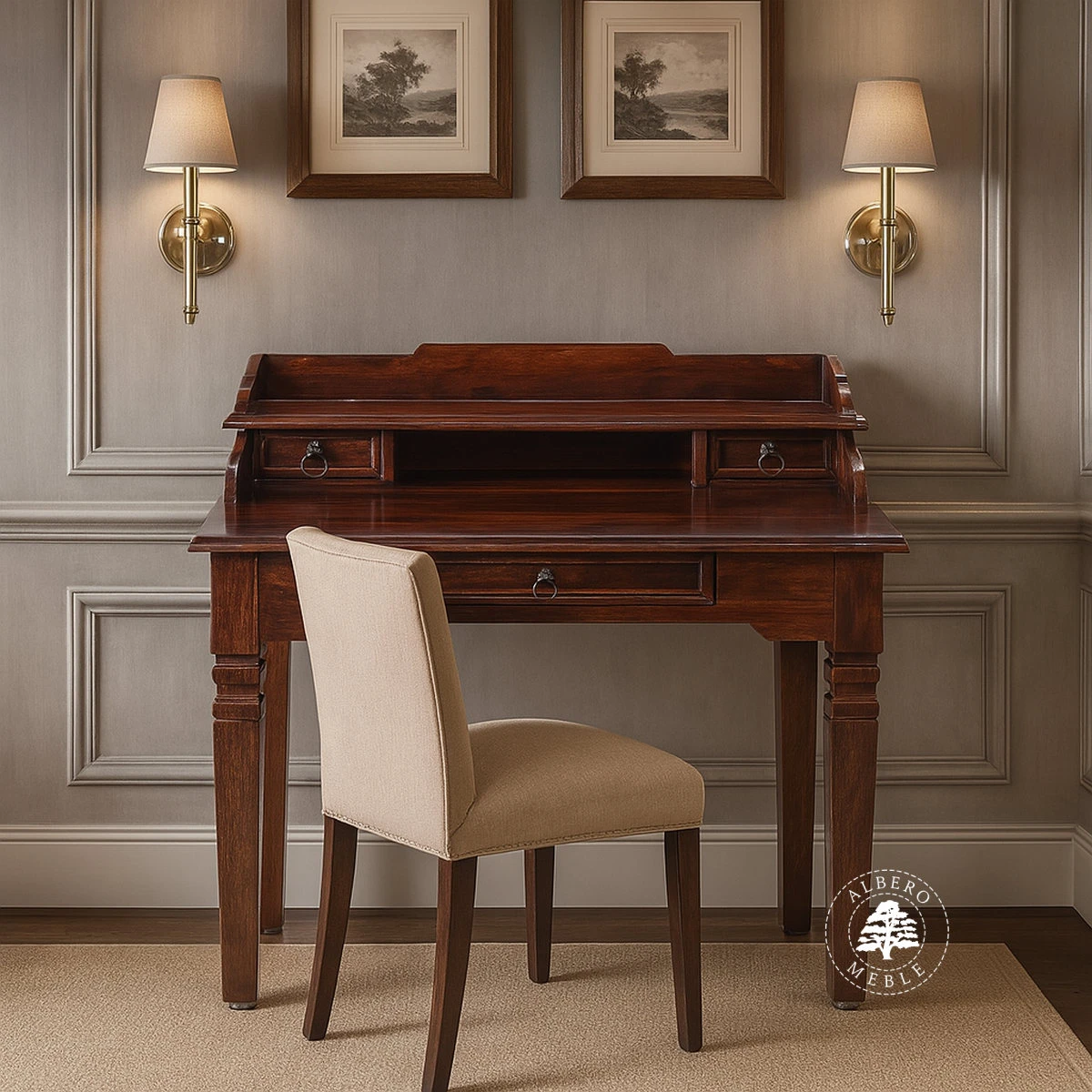 Stylowy sekretarzyk z drewna litego palisander indyjski