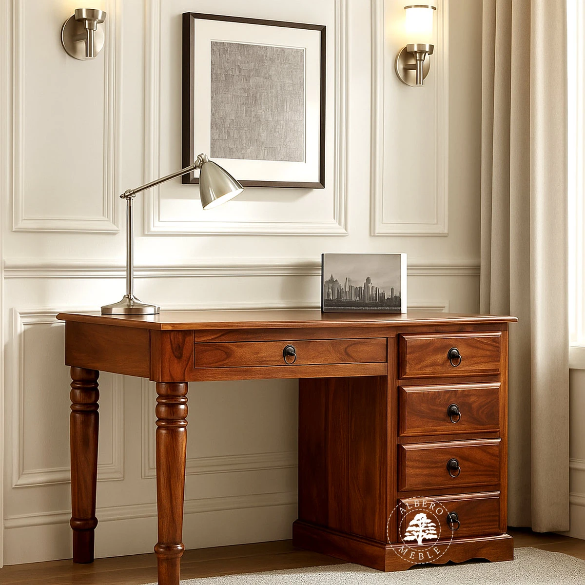 Oryginalne stylowe małe biurko na toczonych nogach z drewna