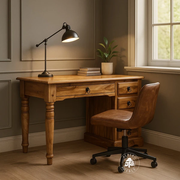 Oryginalne stylowe małe biurko na toczonych nogach z drewna