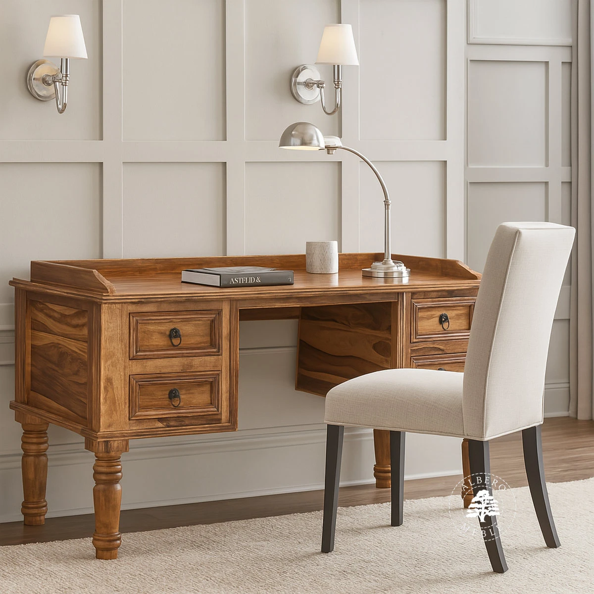 Stylowe biurko drewniane z drewna litego na toczonych nogach