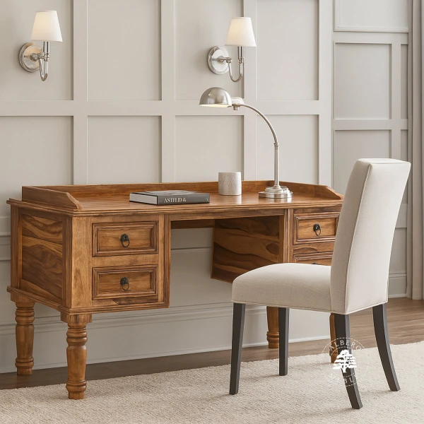 Stylowe biurko drewniane z drewna litego na toczonych nogach