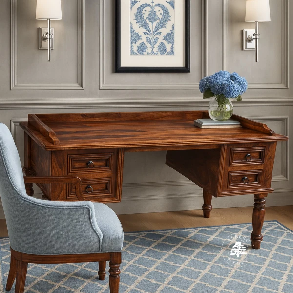 Stylowe biurko drewniane z drewna litego na toczonych nogach