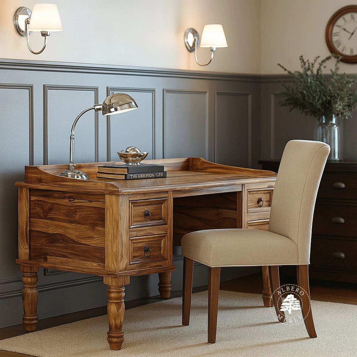 Stylowe biurko drewniane z drewna litego na toczonych nogach