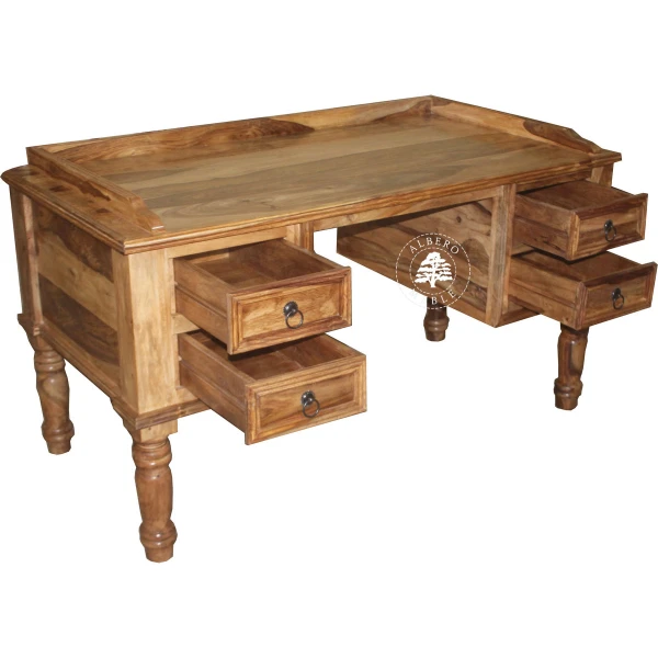 Stylowe biurko drewniane z drewna litego na toczonych nogach