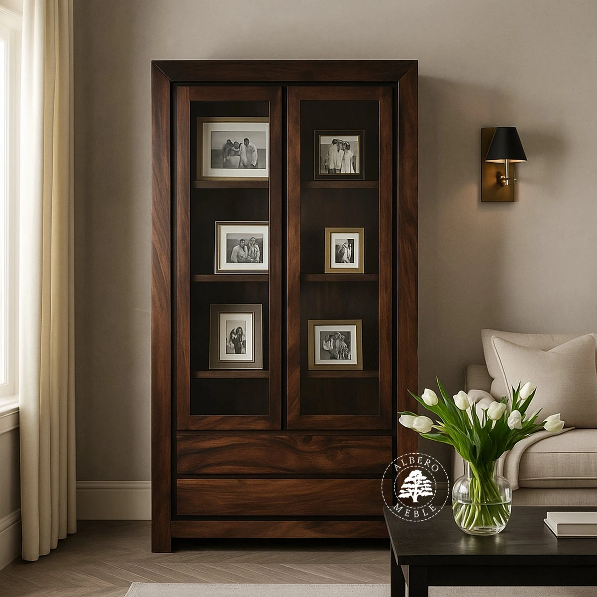 Witryna z drewna litego nowoczesna dwudrzwiowa