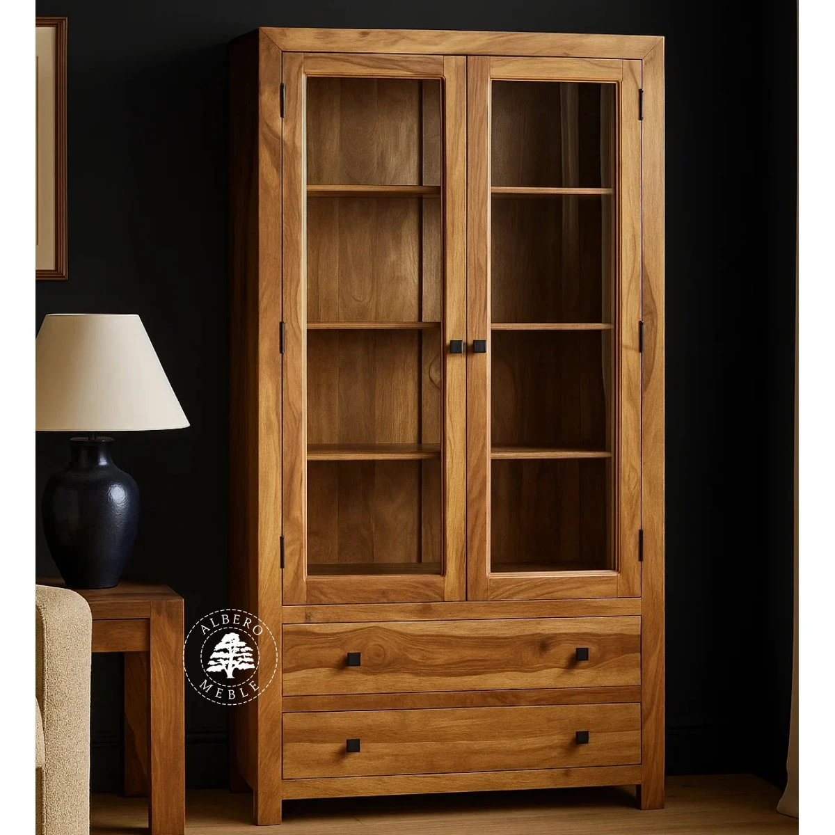 Podwójna witryna Modern Cube z drewna z szufladami