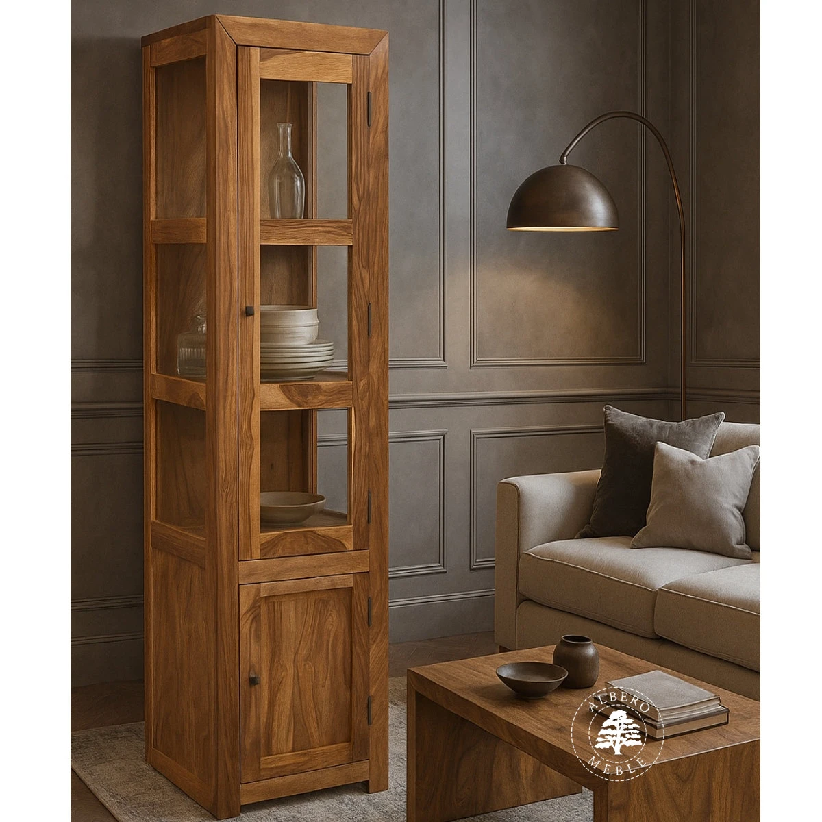 Wąska Przeszklona Drewniana Witryna w Minimalistycznym Styl