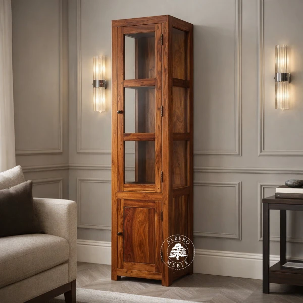 Wąska Przeszklona Drewniana Witryna w Minimalistycznym Styl