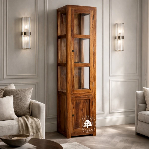 Wąska Przeszklona Drewniana Witryna w Minimalistycznym Styl