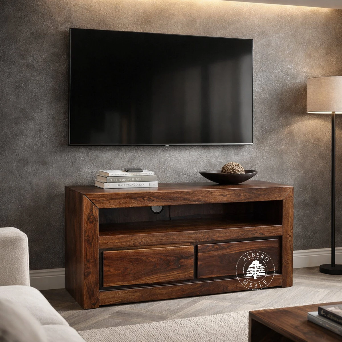 Drewniana szafka RTV z dwiema szufladami