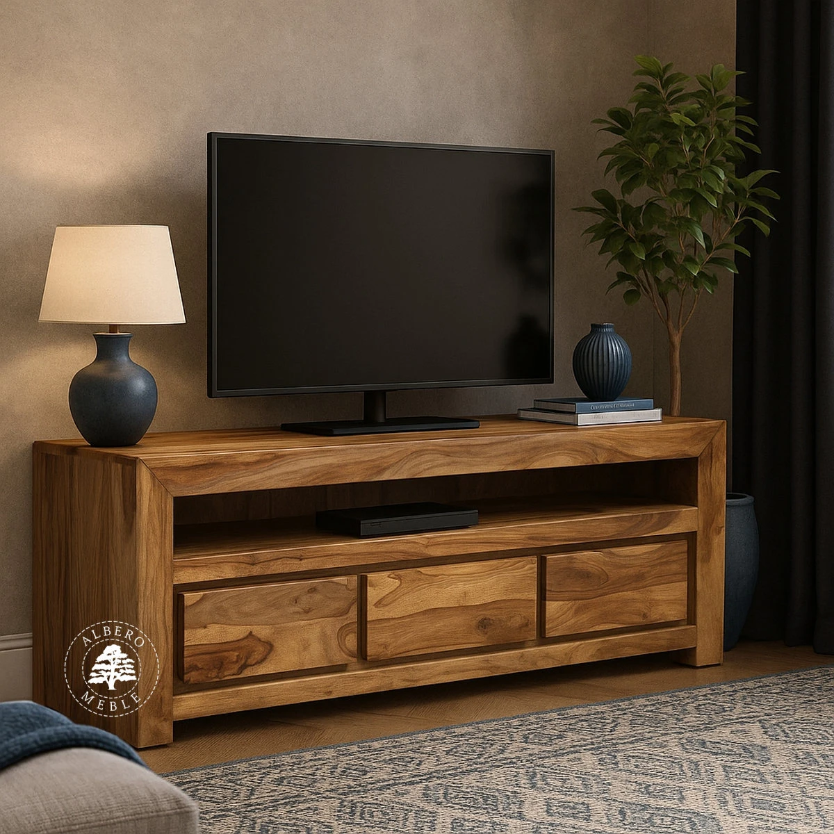 Drewniana niska szafka telewizyjna z szufladami