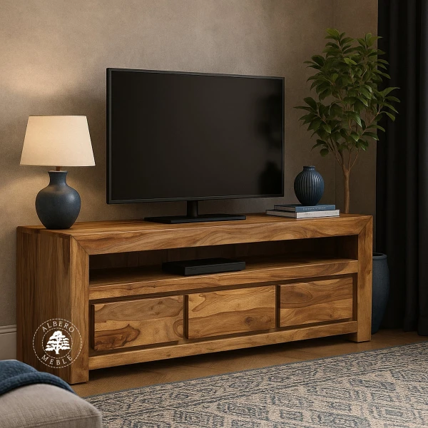 Drewniana niska szafka telewizyjna z szufladami
