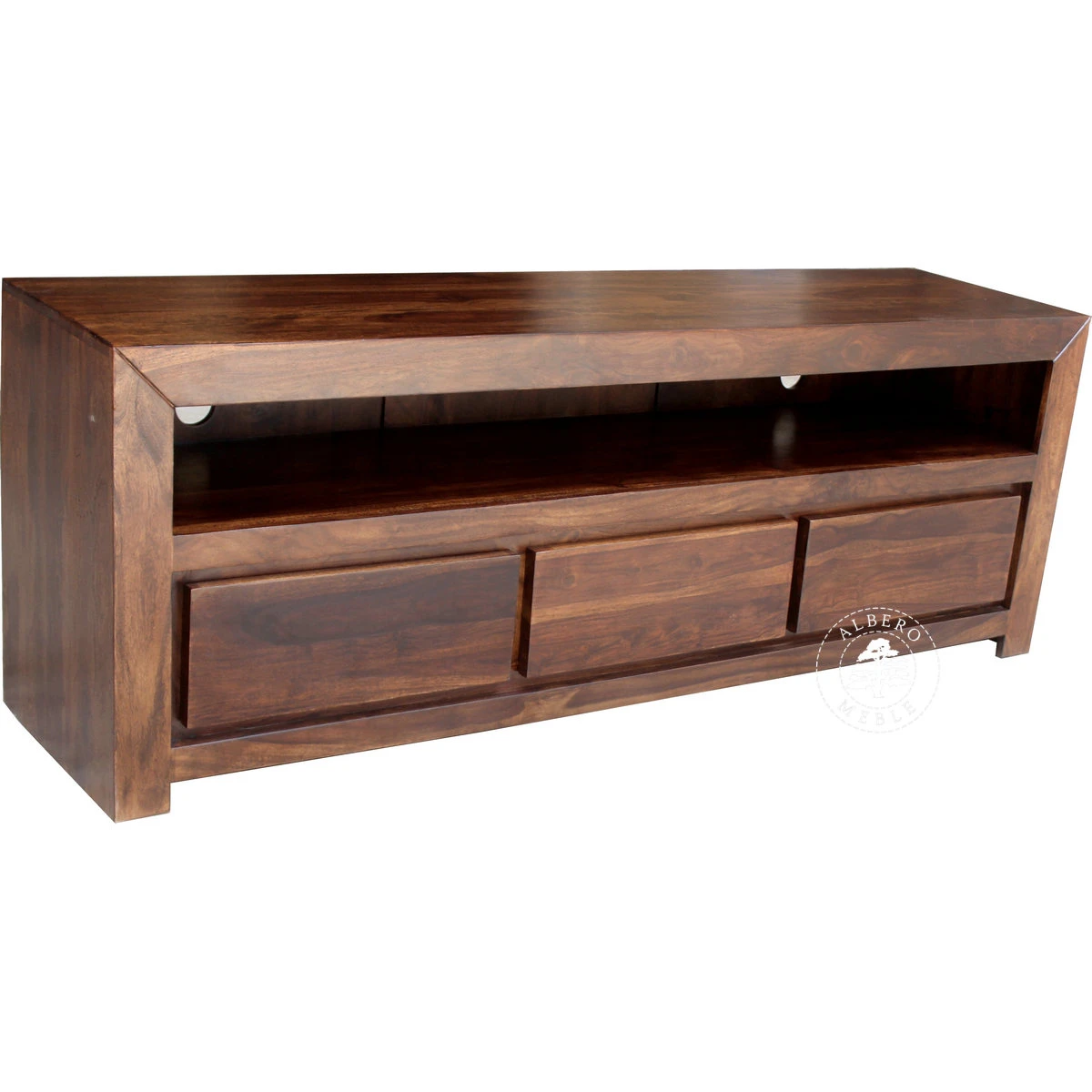 Drewniana niska szafka telewizyjna z szufladami