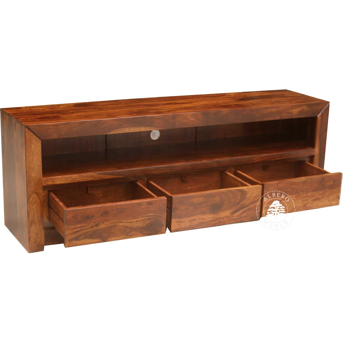 Drewniana niska szafka telewizyjna z szufladami