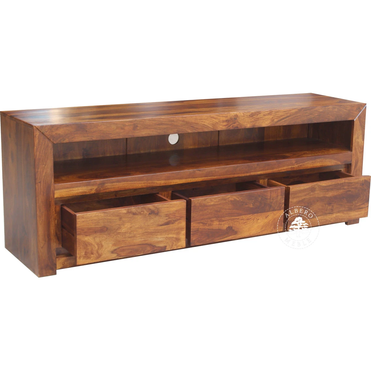 Drewniana niska szafka telewizyjna z szufladami