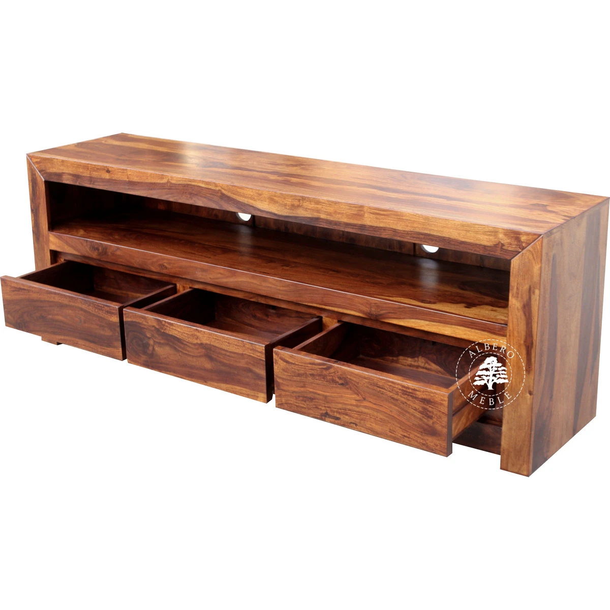 Drewniana niska szafka telewizyjna z szufladami