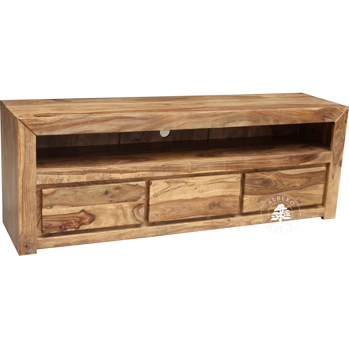 Drewniana niska szafka telewizyjna z szufladami