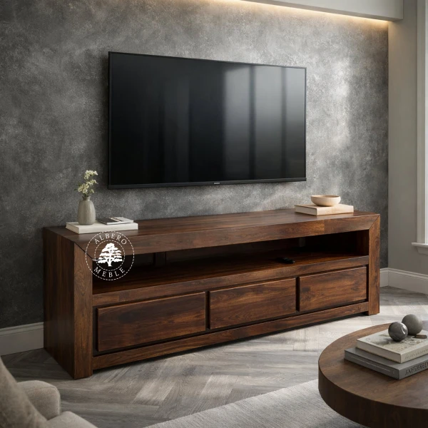 Drewniana niska szafka telewizyjna z szufladami