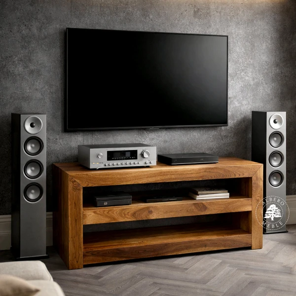 Nowoczesny drewniany regał na sprzęt RTV i audio