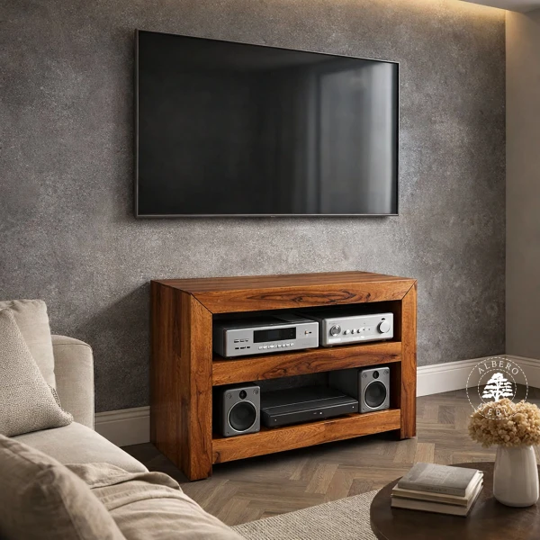 Nowoczesny drewniany regał na sprzęt RTV i audio