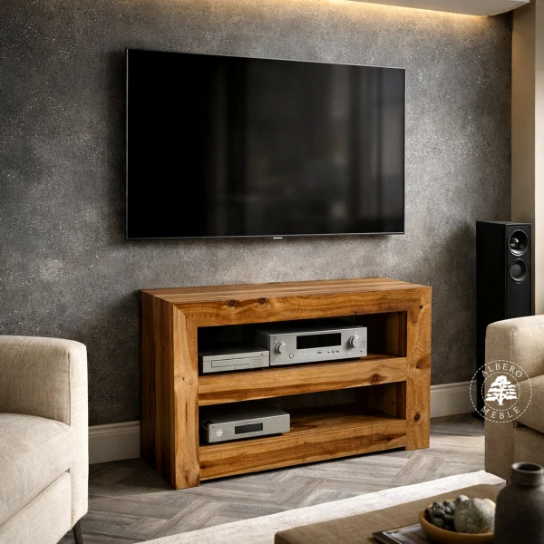 Nowoczesny drewniany regał na sprzęt RTV i audio