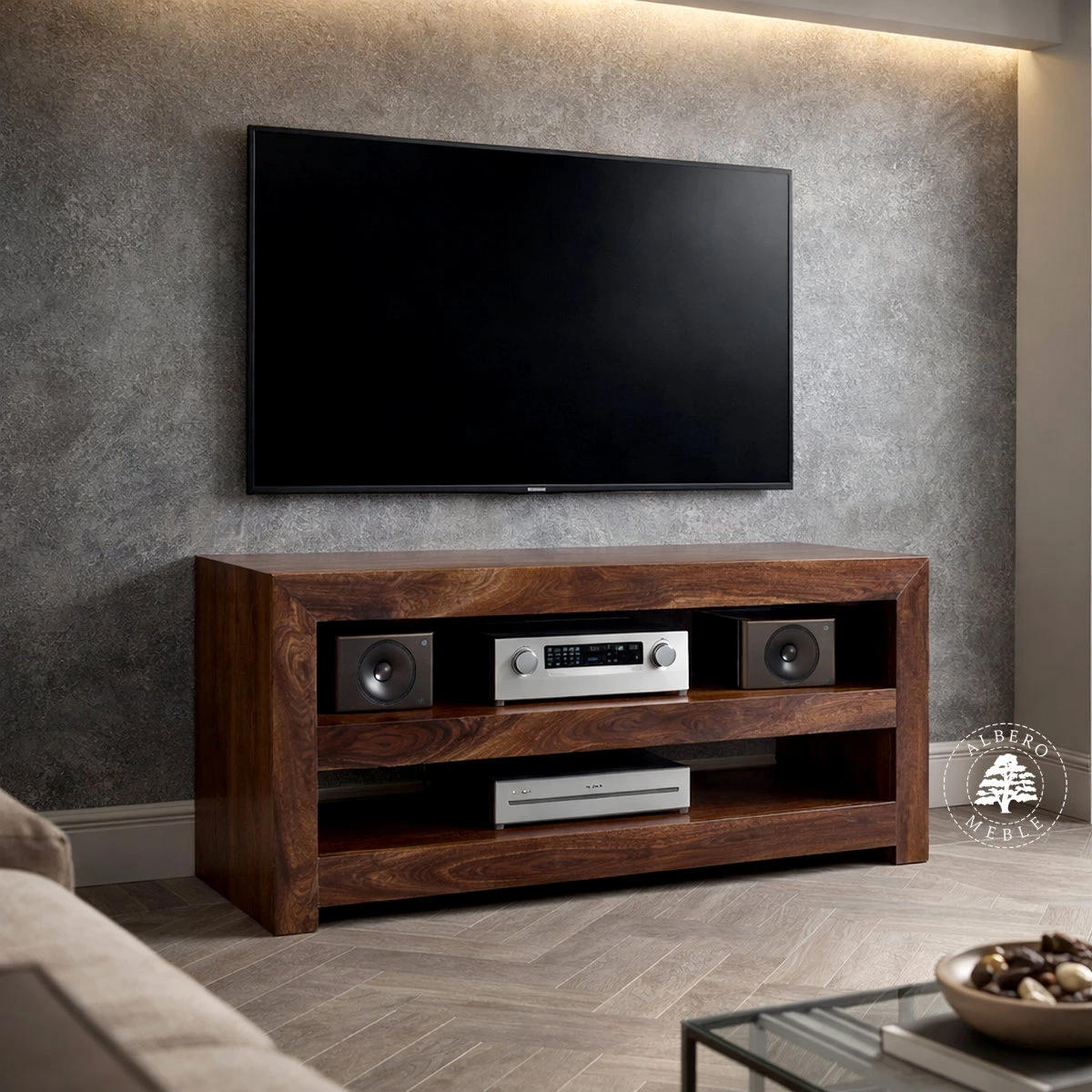 Nowoczesny drewniany regał na sprzęt RTV i audio