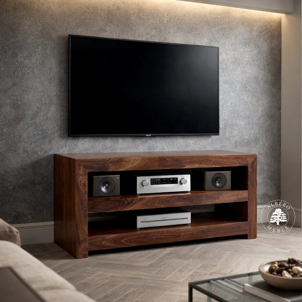 Nowoczesny drewniany regał na sprzęt RTV i audio