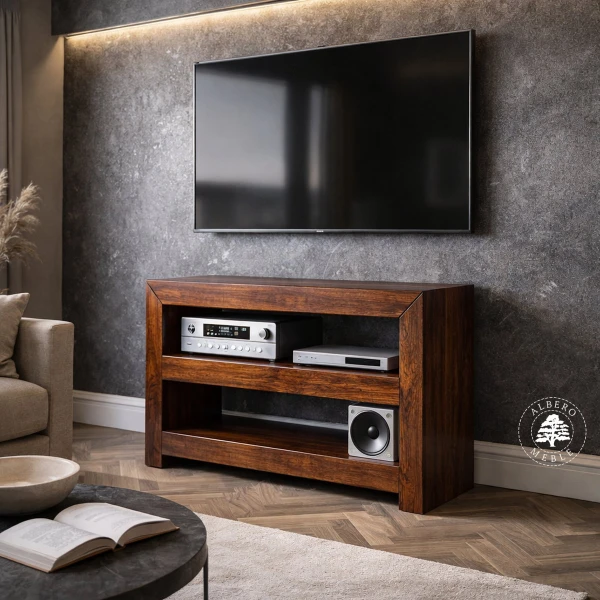 Nowoczesny drewniany regał na sprzęt RTV i audio