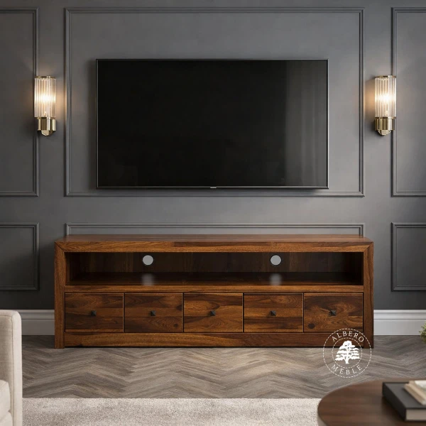 Nowoczesna drewniana komoda RTV z szufladami na płyty CD