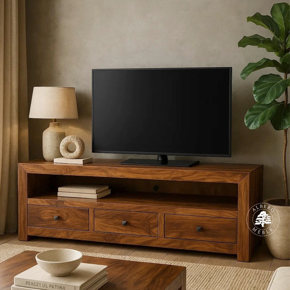 Niska drewniana szafka z szufladami do salonu