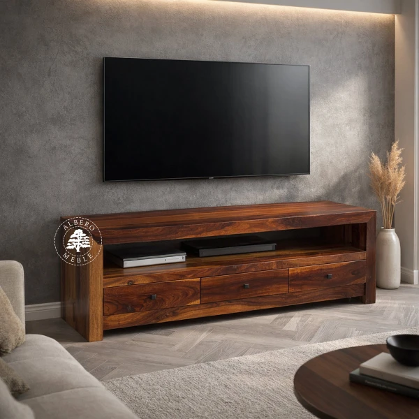 Niska drewniana szafka z szufladami do salonu