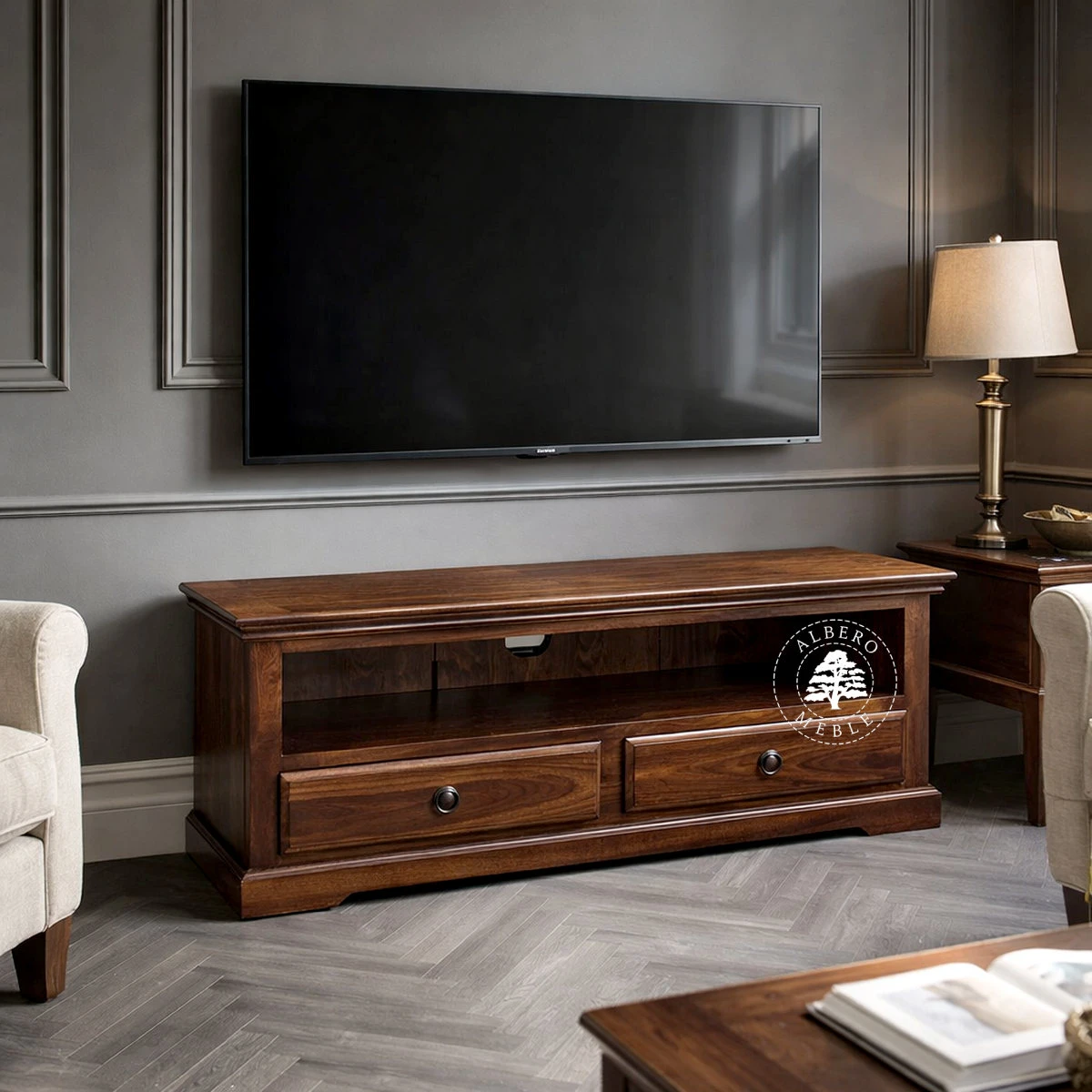 Klasyczna kolonialna komoda telewizyjna z palisandru