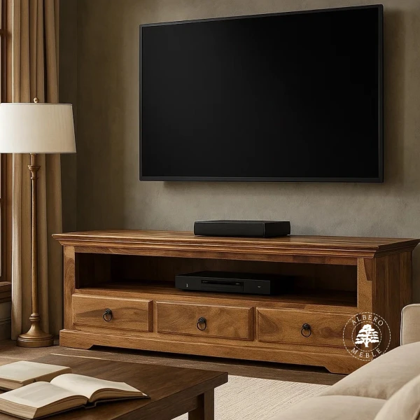 Kolonialna niska drewniana komoda RTV