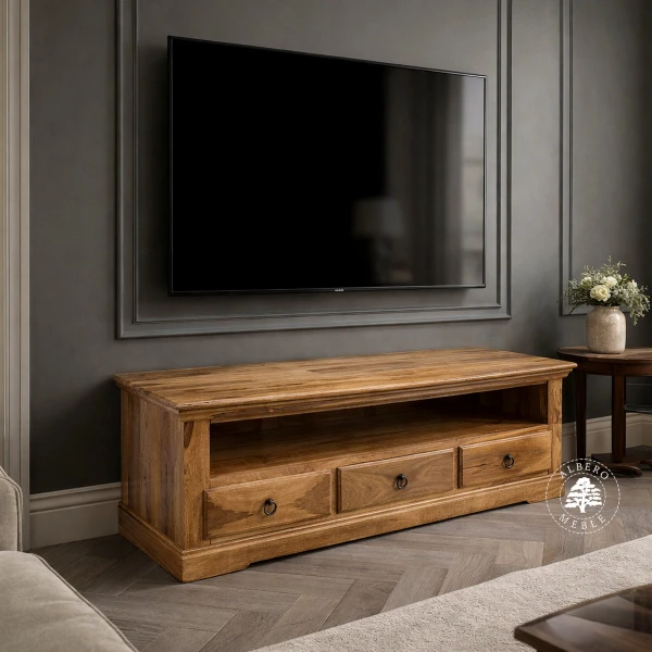 Kolonialna niska drewniana komoda RTV