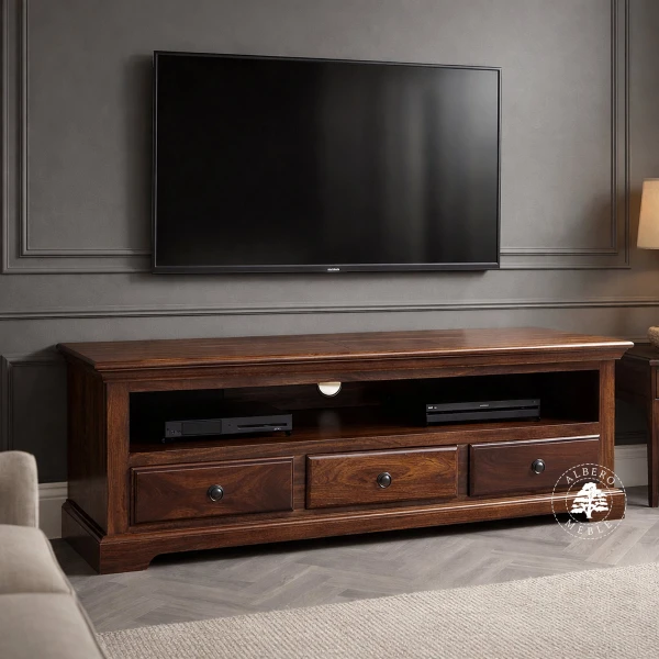 Kolonialna niska drewniana komoda RTV