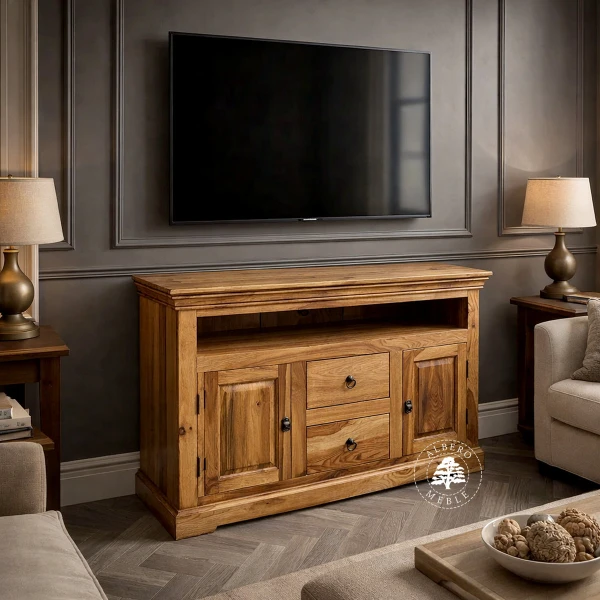 Klasyczna drewniana komoda na RTV z drzwiami
