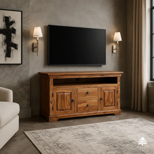 Klasyczna drewniana komoda na RTV z drzwiami