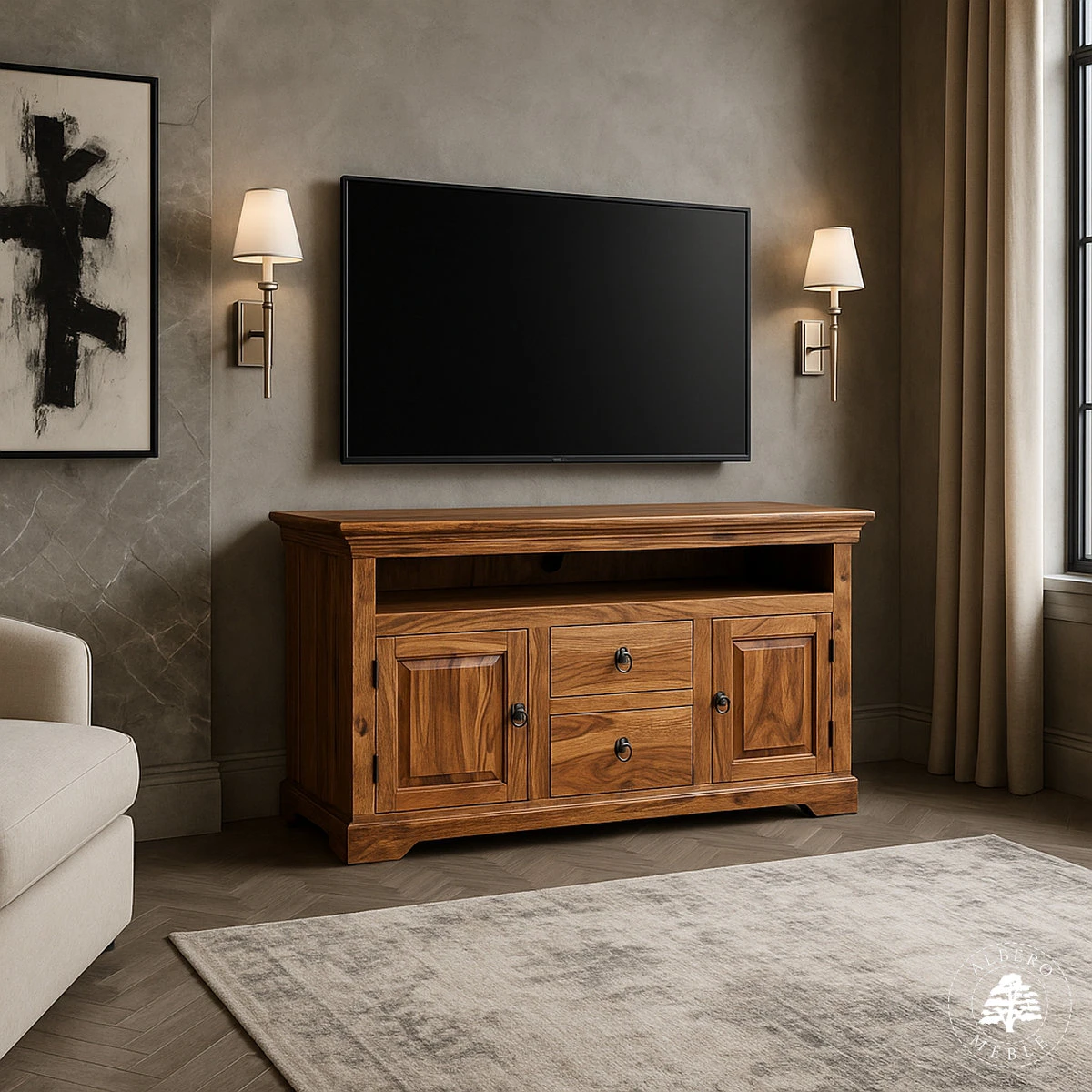 Klasyczna drewniana komoda na RTV z drzwiami