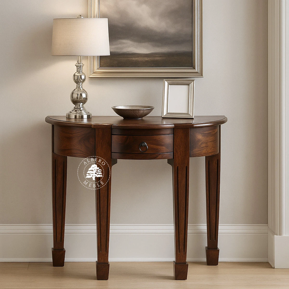 Stylizowana półokrągła konsola z litego drewna z ozdobny