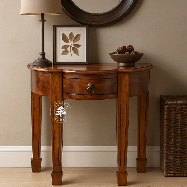 Stylizowana półokrągła konsola z litego drewna z ozdobny