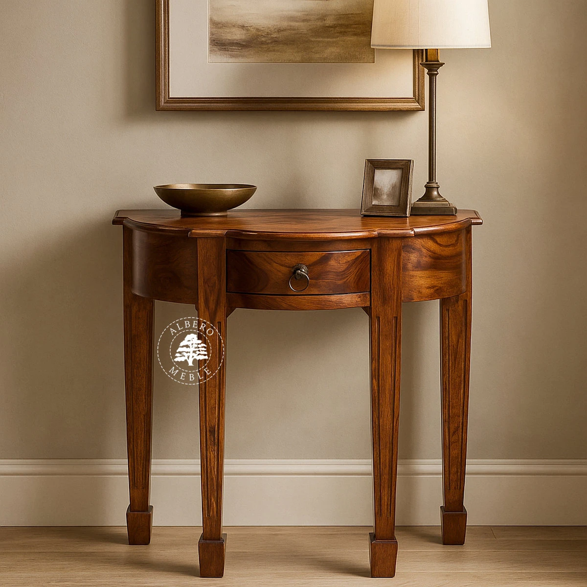 Stylizowana półokrągła konsola z litego drewna z ozdobny