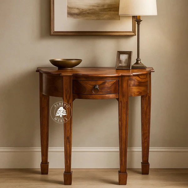 Stylizowana półokrągła konsola z litego drewna z ozdobny