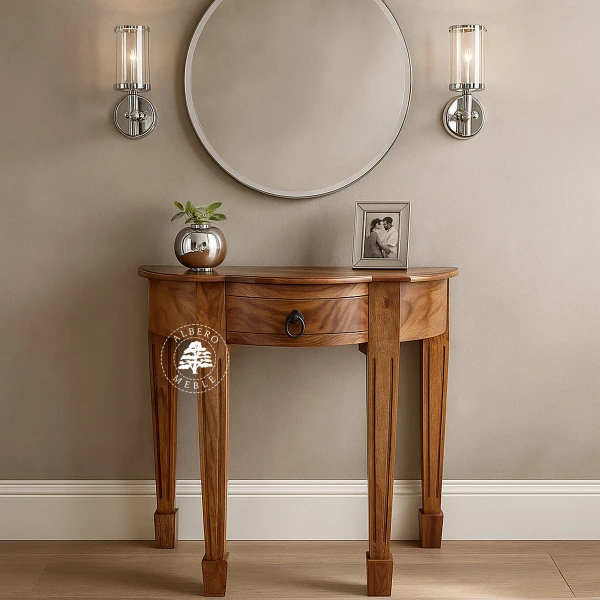 Stylizowana półokrągła konsola z litego drewna z ozdobny