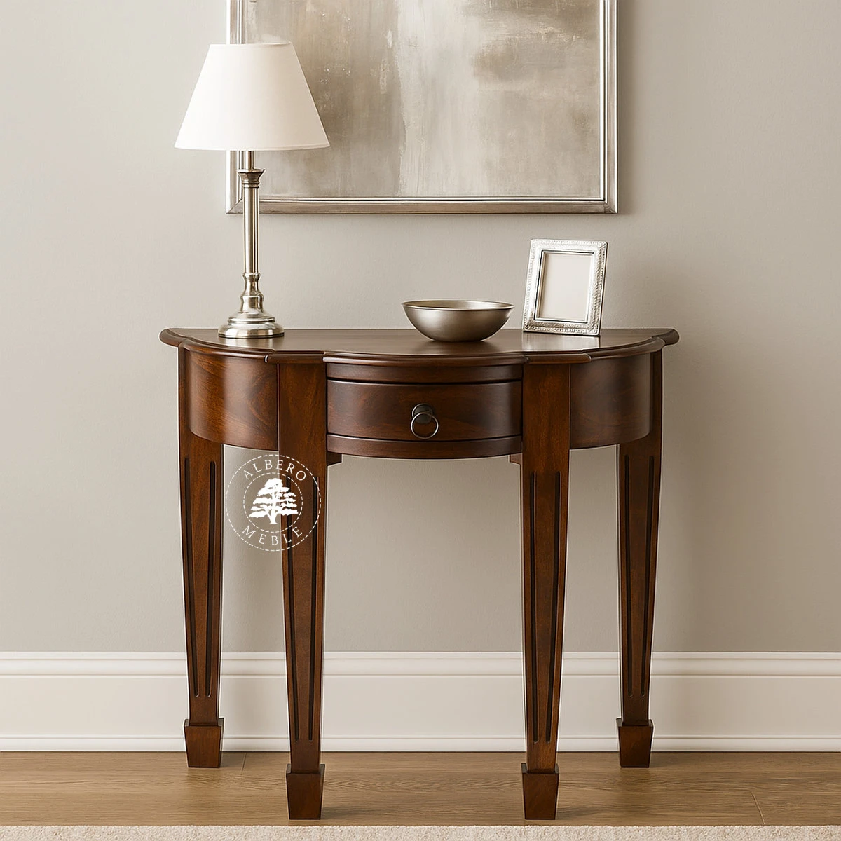 Stylizowana półokrągła konsola z litego drewna z ozdobny